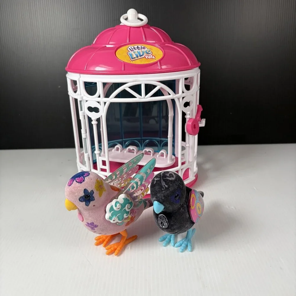 Lot of 2 Little Live Pets Talking Interactive Birds with Pink Birdcage Playset